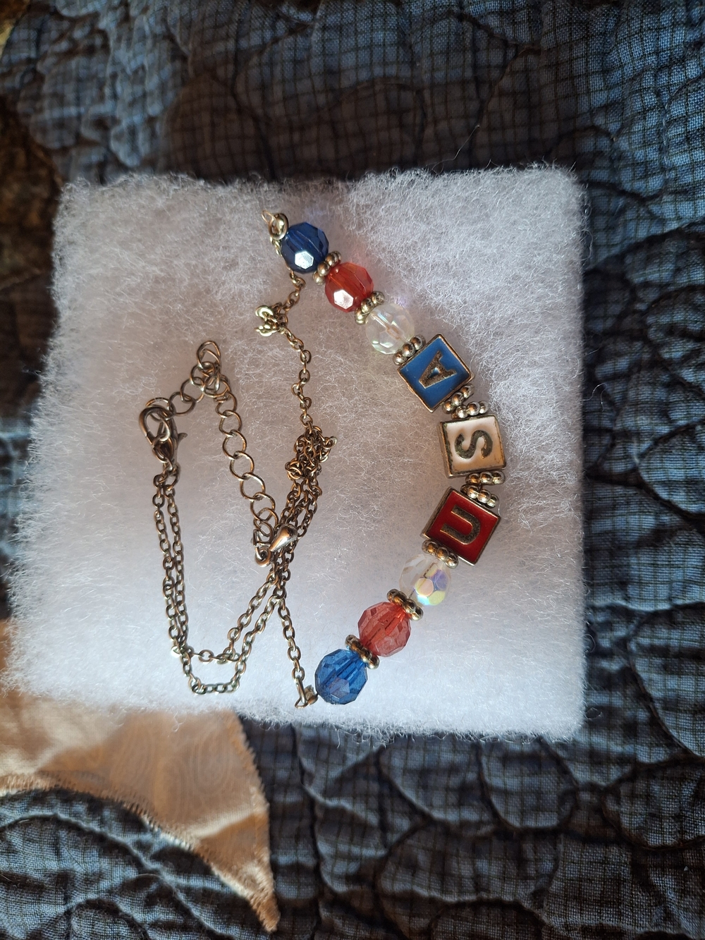 Letter Block Beaded Necklace with Red, Blue & Clear Beads